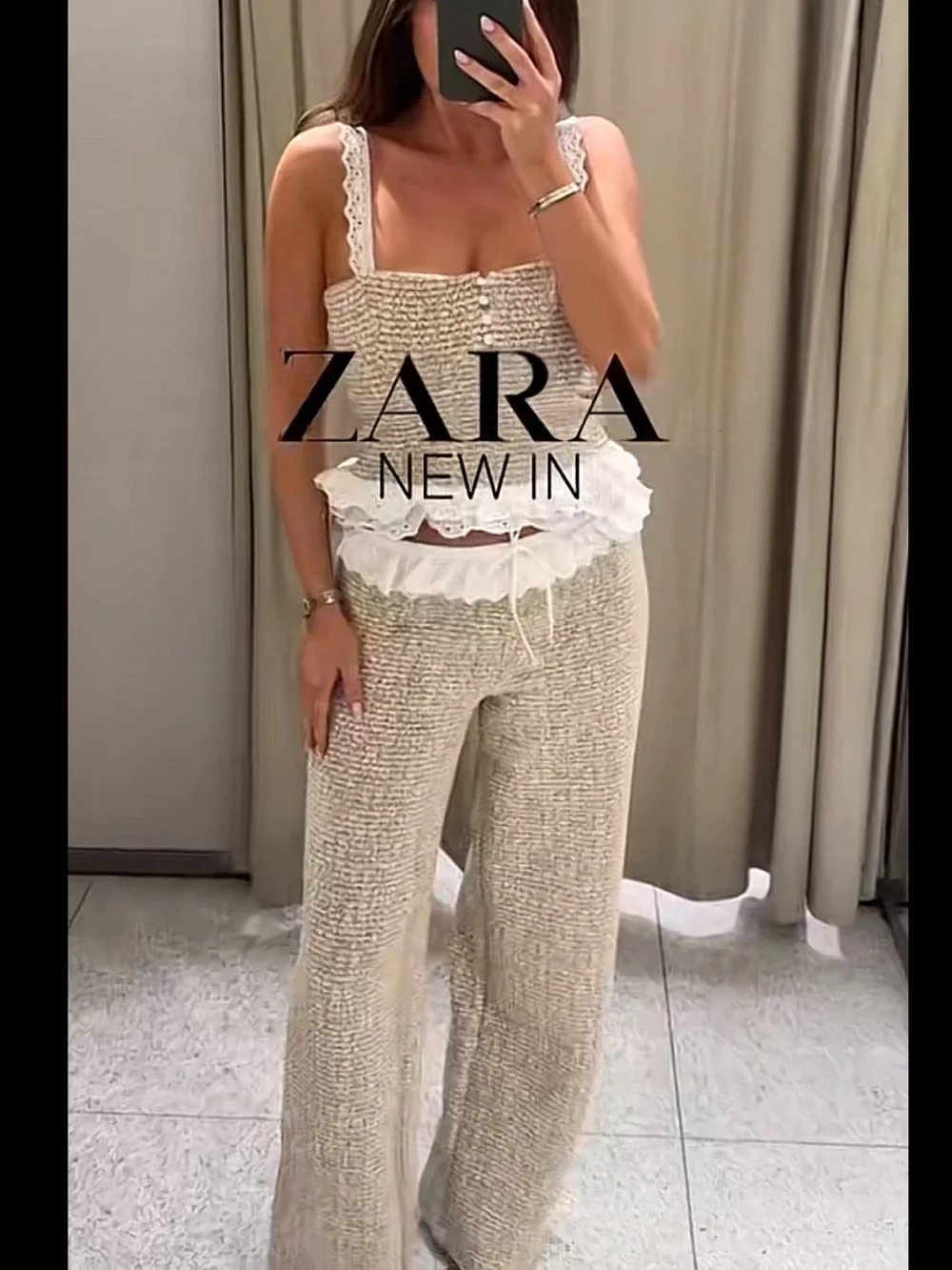 Zara NWT 2 piece SET textured embroidered Beige Ruffle Trim top & pants